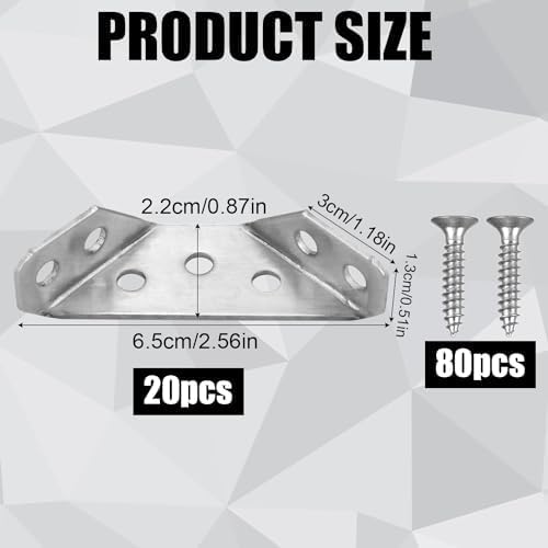 20pcs Universal Furniture Corner Connectors with 80pcs Screws, 2.56 x 0.87in Stainless Steel Corner Brackets Furniture Triangle Support Frame Braces for Wooden Cabinets Shelves Tables Chairs
