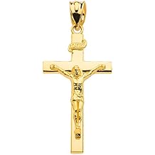 10K Yellow Gold Linear Cross 1.15" INRI Crucifix Charm Pendant Religious Jewelry