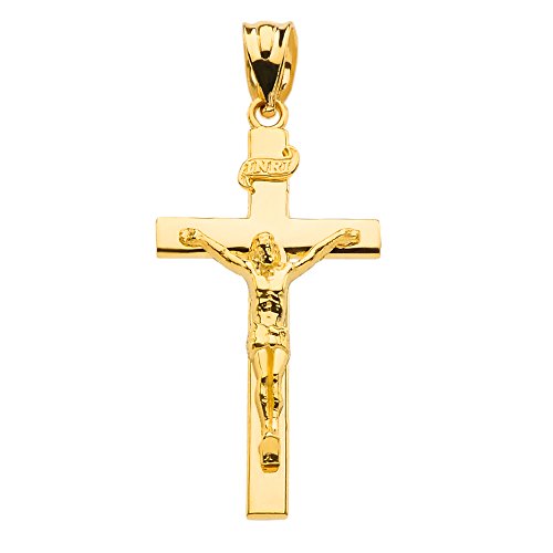 Fine 10k Gold Linear Cross INRI Crucifix Charm Pendant