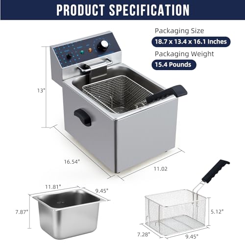 GarveeHome Electric Deep Fryer Stainless Steel with Basket, 8L/8.45QT Countertop Fryers, 1600W Single Tank Electric Fryer for Kitchen, Restaurant and Commercial Use, Temperature Adjustable 140-392℉