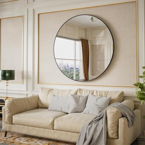 Image of Round Wall Mirror with Durable Wooden Frame - 30 inch (Black) | Modern Decorative Wall Hanging Mirror for Bathroom, Bedroom, Basin, Dressing Table, Entryway & Home Interior Decor