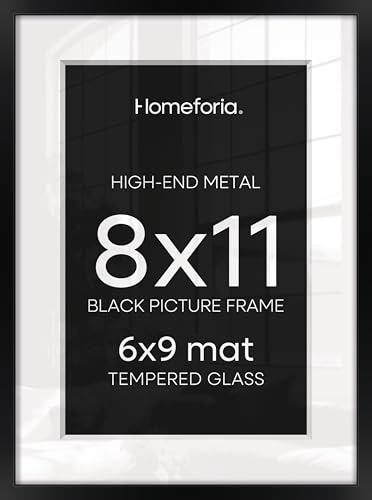 Image of Homeforia 8x11 Black Picture Frame, High-End Metal, 6x9 Mat, Glass | High End Aluminum, Tempered Glass, Acid-Free 6x9 Removable Mat, 8x11 in Edge-to-Edge Display 11x8, Wall Kit, Set Of 1