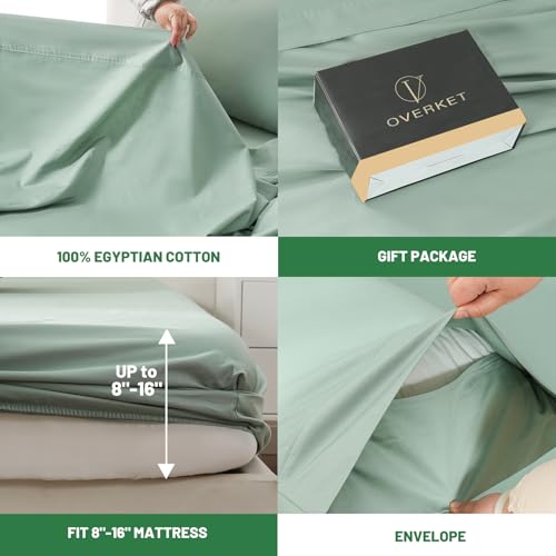 Image of 100% Egyptian Cotton Sheets King Size 4PCS 1000 Thread Count Sateen Weave Soft Breathable 16-Inch Deep Pocket (King,Sage Green)
