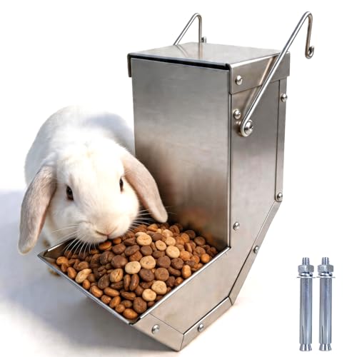 Rabbit Feeder - Small Animal Stainless Steel Gravity Feeding Trough with Lid, Outdoor Durable Cage Feeder Holds Several Days' Food (4 Inch/1.5Lbs)