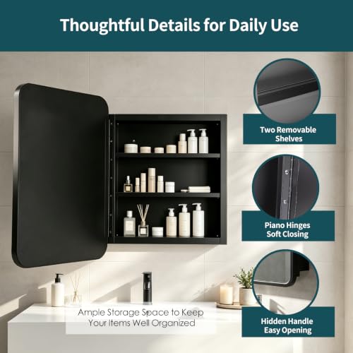 Image of Movo Black Metal Framed Bathroom Mirror Medicine Cabinet,14 Inch x 18 Inch Recessed Wall Mounted Medicine Cabinet with Mirror,Aluminum Storage Cabinet for Bathroom Vanity