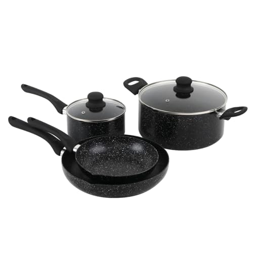 QDESIGN BLACKMARBLE+ - Batería de cocina (6 unidades, 2 sartenes + 2 sartenes de aluminio fundido antiadherente, antiarañazos sin PFOA, 2 tapas de vidrio templado, todas las cocinas, incluida la