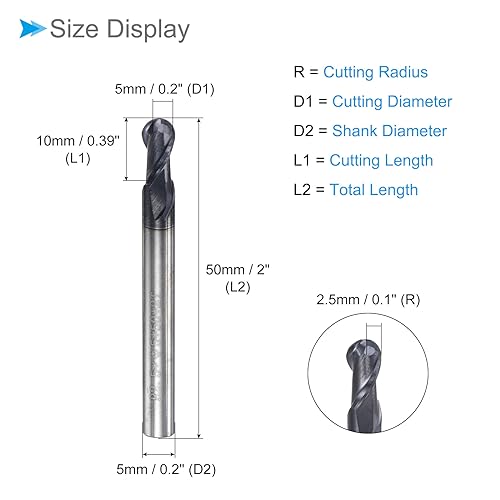 Image of Ball Nose End Mill, 2.5mm Radius 5mm Shank 50mm Length, AlTiN Coated P05 Carbide 2 Flutes Milling Cutter CNC Router Bit - (Applications: for Stainless Steel Hardened Steel)