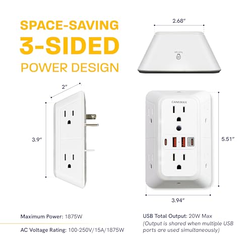 Image of Multi Plug Wall Outlet Extender - 6 Outlet Splitter & 4 USB Ports with Fast Charging Type C PD 20W, Smart Night Light, 3 Side Power Strip 1050J Protector