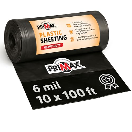 PRIMAX Black Plastic Sheeting (10x100) 6 mil Heavy Duty Polyethylene Black Sheeting for Garden Construction Dust Barrier Plastic Roll Vapor Barrier Silage Tarp
