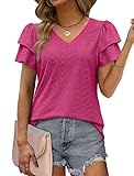 Womens Summer Tops 2023 V Neck Short Sleeve Shirts Dressy Casual Breathable Rose Red S