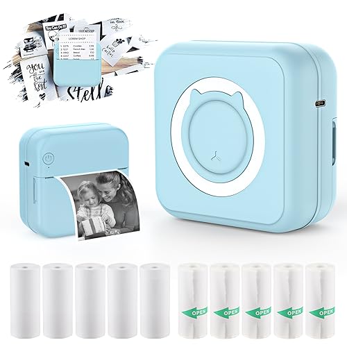 Image of Mini Photo Printer, Mini Portable Thermal Printer Bluetooth Instant Photo Printer with 10 Rolls of Thermal Paper and USB Charging Printer for Note /Journal /Memo (Blue)