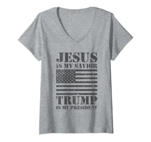 Womens American Flag - Jesus Is My Savior Trump Is My President V-Neck T-Shirt