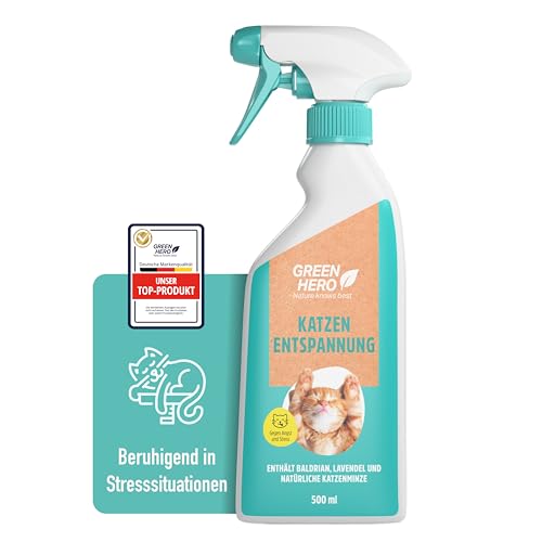 Green Hero Entspannungsspray 500 ml für Katzen enthält beruhigende Duftstoffe wie Baldrian, Lavendel und natürliche Katzenminze für Wohlbefinden und Entspannung