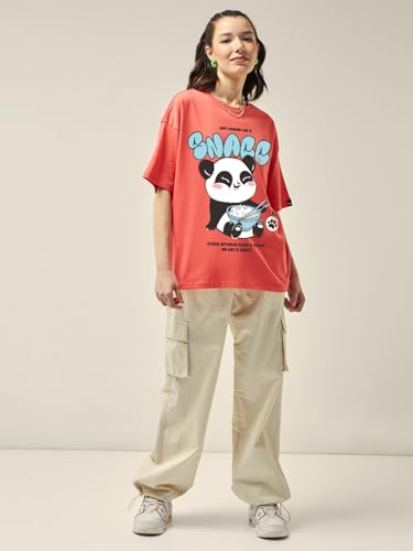 Image of Bewakoof Women's Being Cute is My Super Power Graphic Print 100% Cotton T-Shirt- Oversized Fit, Round Neck, Half Sleeve