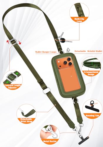takyu Clip and Go Strap for Phone with Wallet Crossbody, 4-in-1 Adjustable Phone Lanyard with Detachable RFID Wallet with ID Window, Cross Body Strap for Women Travel, Forest Green — view 4