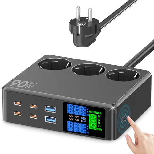 CKCN Regleta Enchufes con USB C 6 Puertos (90W), Enchufes Multiples 2500W con Pantalla LED Regleta Escritorio Triple Ladron Plano USB Estacion de Carga PD Rapida Cargador Alargador 1.2M, Negro