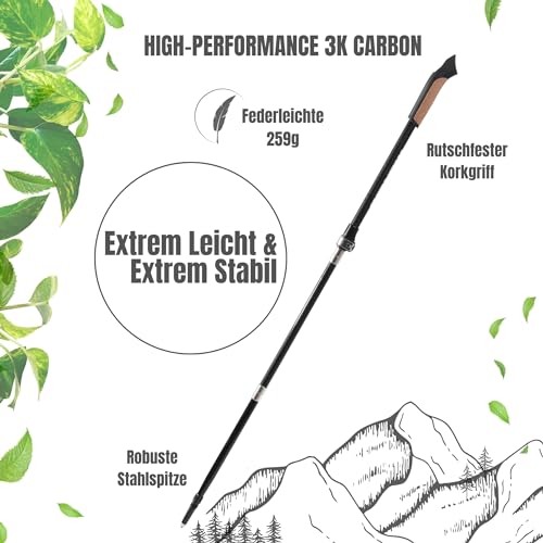 Foto von Muawo faltbar verstellbar Premium Nordic Walking Stöcke | ultraleichte 249g, 105-135cm Teleskobstange, 67% Carbon | Trekkingstöcke, Wanderstöcke, Walkingstöcke Herren & Damen