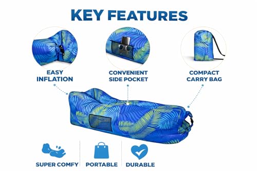 Image of Outdoor Inflatable Lounger with Air-Fill Design, Side Pocket and Carry Bag (Blue)