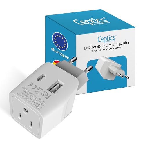 Image of Turkey, Egypt, Iceland Travel Adapter Plug by Ceptics with Dual USB - Type C - Europe - USA Input - Light Weight - Perfect for Cell Phones, Chargers, Cameras and More