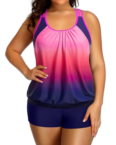 Image of Womens Plus Size Tankini Swimsuit Two Piece Tummy Control Bathing Suit | Blouson Racerback Tankini Top with Shorts, Double Up Design, Removable Pad