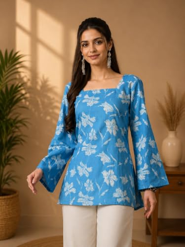 Image of Rayon Floral Print Short Kurti for Women | Square Neck Long Sleeve Top for Women | Criss Cross Back Desing Kurti | Soft Breathable Fabric | Relaxed Fit | Casual and Office Wear