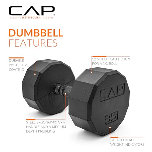 Image of CAP Rubber Coated Dumbbell Weights, Free Weights for Home Gym Strength Training, Anti-Roll Hex Dumbbells with Black, Chrome & Comfort Grip Handles, Singles