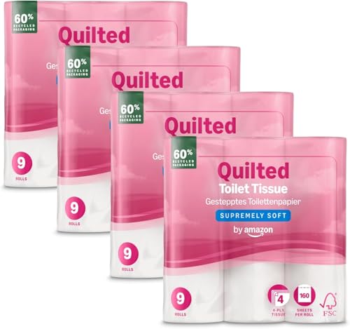 by Amazon Papel Higiénico de 4 Capas, Acolchado, Ultrasuave, 36 Rollos (4 Paquetes de 9), 160 Hojas por Rollo, Certificación FSC