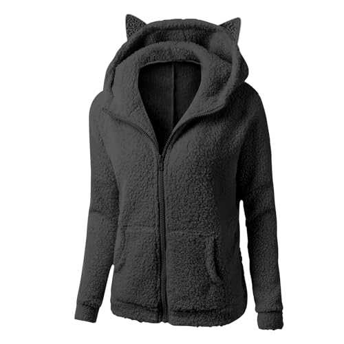 Womens Cute Cat Ear Hoodies Zip Up Fuzzy Fleece Sherpa Jackets Long Sleeve Casual Cozy Warm Winter Coat Outwear Black
