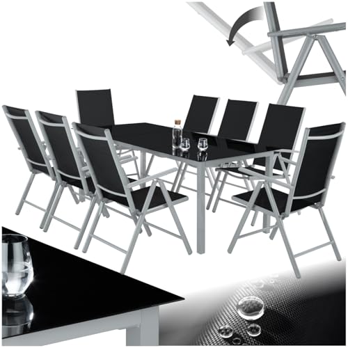 tectake® Salon de Jardin Extérieur en Aluminium - 8 Fauteuils Inclinables Pliables, 1 Table - Facile d'entretien, Mobilier pour Aménagement Balcon Terrasse