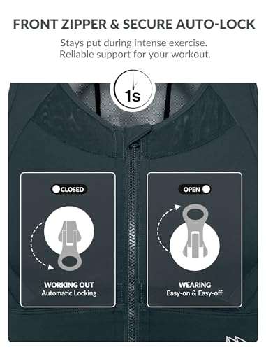 Image of Yvette Women's Sports Bra Front Zipper High Impact Support Mesh Racerback | Plus Size Friendly,Sewn-in Pads Stay Put,Wirefree & Supportive,Breathable,Secure Zip Closure,For Large Bust,Running,Gym,HIIT