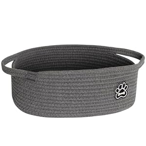 Small Dog Toy Basket, Soft Cotton Rope Dog Cat Toy Bin, Woven Storage Holder for Living Room Nursery, Cats Pet Gift Basket Empty, Decorative Wicker Storage Box with Handle, 13″x 9″x 5″ (Grey)