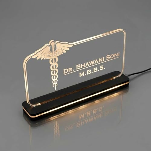 Image of Customized Laser Marking Signage Name Plate For Table Stand, For Doctor, For CA, For Dentist, For Office, Warm White Light (6x8 Inch)