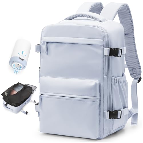 BOXSAM Vakuum Rucksack Handgepäck Flugzeug Tasche Airbag mit Vakuumsystem Reisen Tagesrucksack Esayjet 45x20x36 Rucksack Damen Vacuum Reiserucksack mit Pumpe Wasserdicht Herren Vakuum Koffer Grau
