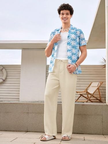 Image of GRECIILOOKS Men's Linen Trousers | Loose Fit Linen-Cotton Casual Pants for Men | Relaxed Office Wear Formal Trousers for Men | Stylish Beige & Pants
