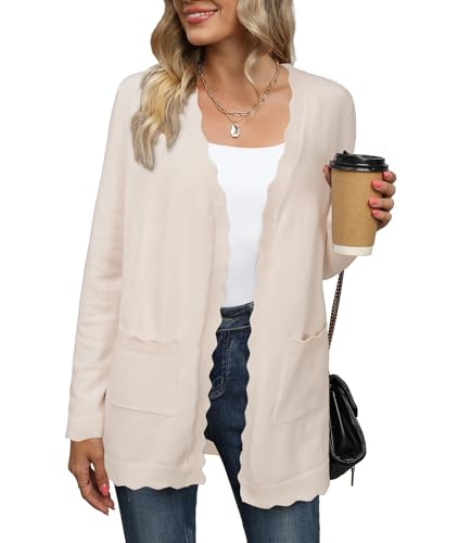 Newshows Cardigans for Women UK Lightweight Ladies Long Sleeve Open Front Scalloped Knitted Elegant Cardigan Beige,XXL