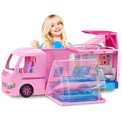 Barbie FBR34 Camper dei Sogni per Bambole con Piscina, Bagno, Cucina e Tanti Accessori, Giocattolo per Bambini 3 + Anni,