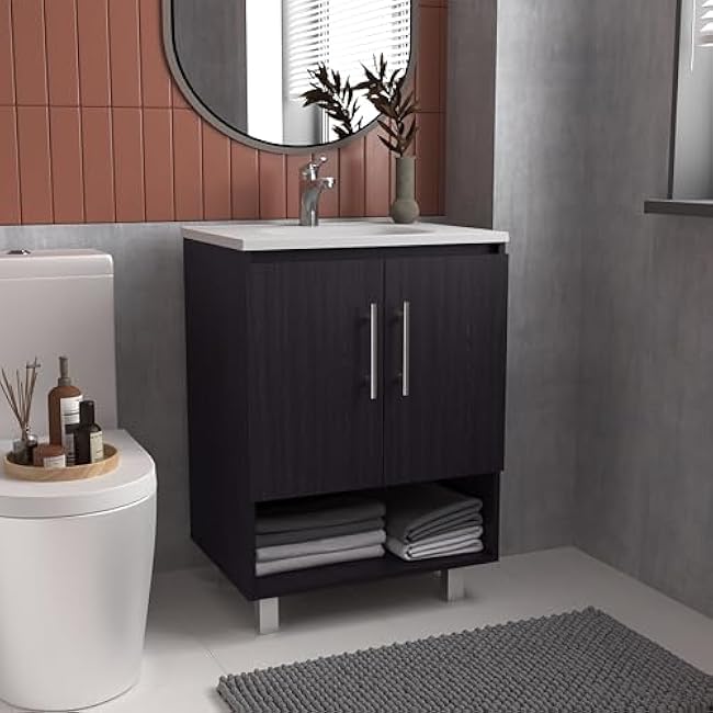 espidoo Modern Bathroom Vanity 2 Doors 4 Shelves: Engineered Wood Storage Cabinet with White Top - Small Space Solution for City Apartment Bathrooms & Powder Rooms