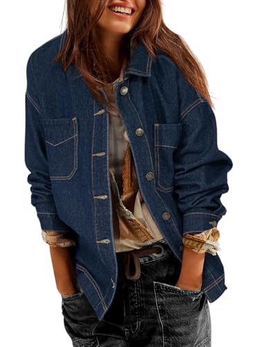 Sidefeel Women's Jean Jacket Oversized Boyfriend Button Up Long S...