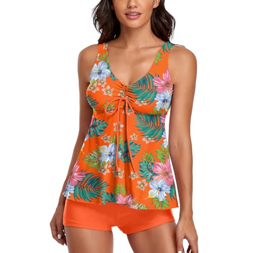 Image of Modest Tankini Swimsuits for Women Two Piece Bathing Suits Floral Print Tank Top with Boyshorts Tummy Control Swimming Suits