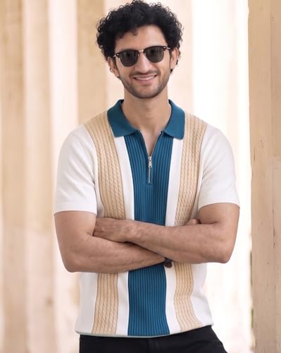 Image of AUSK Men's Zip Collar Polo Tshirt | Cotton Rich Material | Half Sleeves | Modern Knit Panel Work | Regular Fit