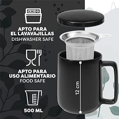 Taza de Te con Filtro y Tapa 500ml Gran- Ceramica - Mantiene Caliente la Infusion - Negra Brillante - Imagen 4