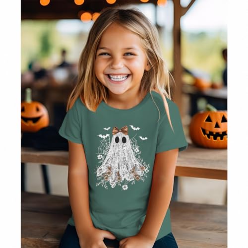 Halloween Shirts for Girls Floral Bow Lace Ghost T-Shirt Kid Spooky Season Outfit Boho Short Sleeve Tees Fall Tops2