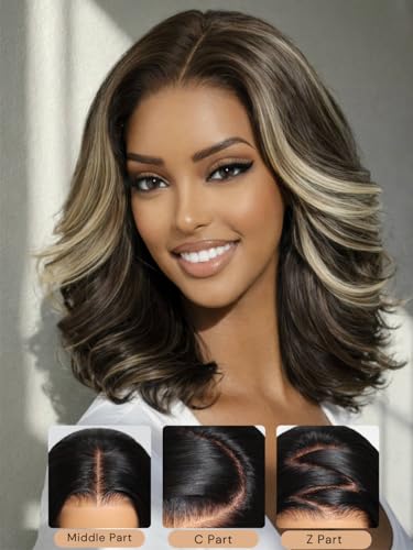 Image of Beauty Forever Bob Wig Human Hair Dark Brown with Honey Blonde Highlights 13x4 HD Lace Glueless Wig,Layered Wavy Short Bob with Drawstring,Pre Cut Plucked Bye Bye Knots,150% Density Ready to Go 10inch