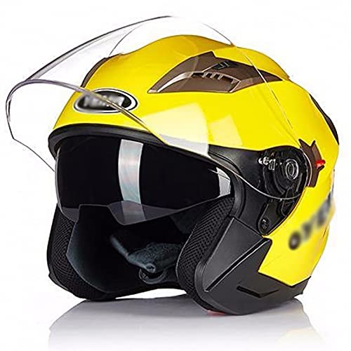 Open Face Helmet with Visor,3/4 Motorcycle Helmet,Adults Retro Moped DOT Approved Helmet Motorcycle Modular Half Face Helmet Retro Vintage Style Helmet with Double Visor Yellow,L=55~58cm