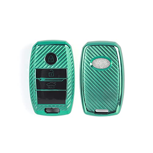 Image of JVCV Soft TPU Carbon Fiber Style Car Key Cover Compatible with Kia Seltos Sonet Carens 3 Button Push Start Car Key (Green)