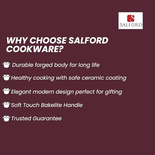 Image of SALFORD Forged Ceramic Set of 3+1 (Kadai 240mm + Frypan 240mm + Tava 260mm + Glass Lid) with Tubular SS Handle I Induction Base & Gas Ready I 2 Year Warranty (Wine & Vanilla)
