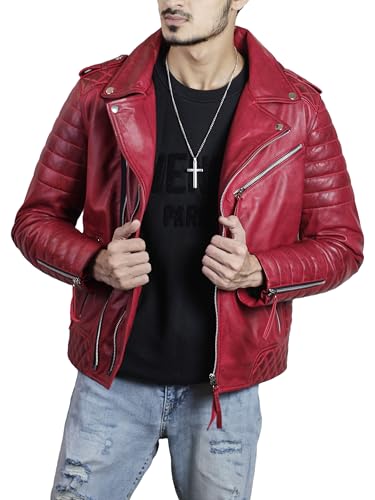 Red Leather Jacket Men | Biker Hooded Bomber Moto Real Lambskin Jackets