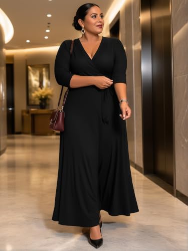 Image of SUZONANA Plus Size Maxi Dresses for Curcy Women Casual Loose 3 /4 Sleeve Long Dress with Belt