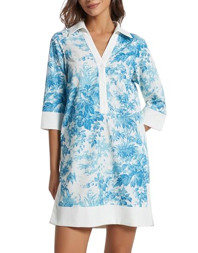 Image of Kedera Women Button Shirt Dress V Neck Short Sleeves Summer Casual Work Shift Tunic Dress with Pockets