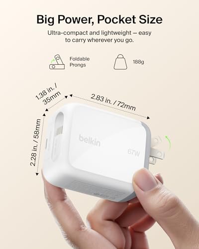 Image of Belkin 67W GaN USB C Retractable Charger Block Fast Charging for Travel | 3.3ft Retractable Cable, USB C Port, iPhone 17, Galaxy S26, AirPods, iPads, MacBook, Travel Charger, Charge Up to 2 Devices